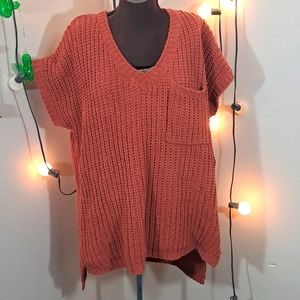 POL S Crochet Knit Orange Top Pocket Short Sleeve Sweater
